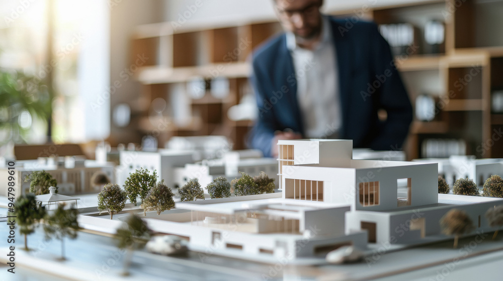 Businessman and futuristic 3d render model of a city houses or homes on a table in a real estate agency business office. Businessman and futuristic 3d render model of a city houses or homes on a table in a real estate agency business office.