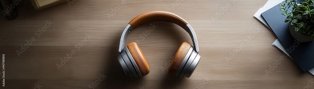 Bluetooth headphones with charging case on a desk, ready for use Bluetooth headphones with charging case on a desk, ready for use