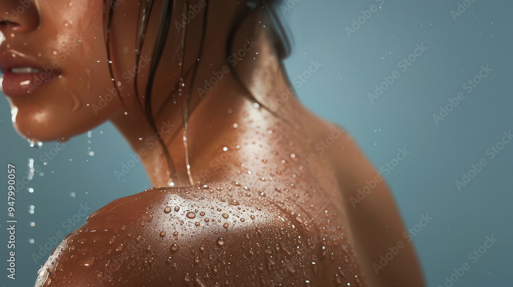 Close-up of a womans shoulder with water droplets, showcasing smooth and hydrated skin. Close-up of a womans shoulder with water droplets, showcasing smooth and hydrated skin.