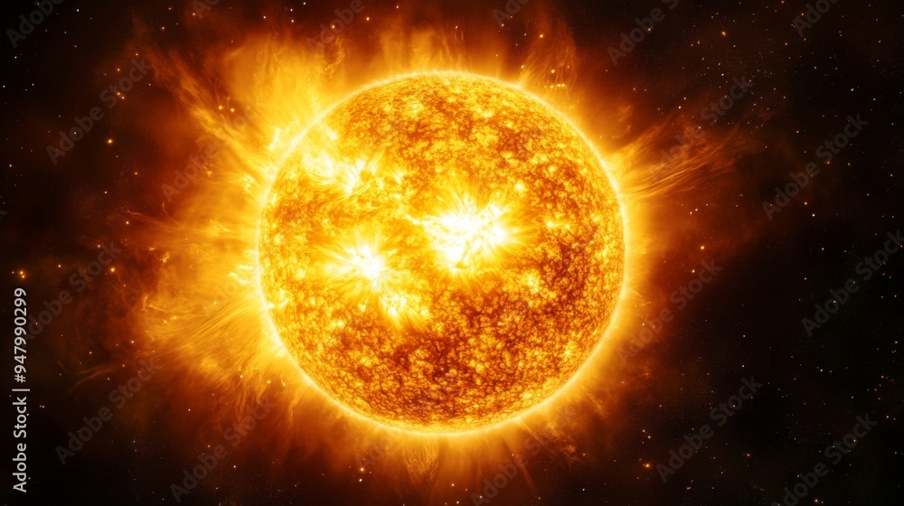 Fototapeta premium The fifth image shows a radiant Sun blazing with intense solar flares, capturing the powerful and energetic nature of the central star of our solar system in high detail.