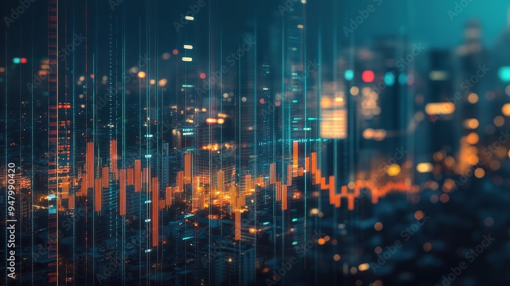 Dynamic financial data visualization over a city skyline at night, showcasing growth trends and market analysis in real-time Dynamic financial data visualization over a city skyline at night, showcasing growth trends and market analysis in real-time
