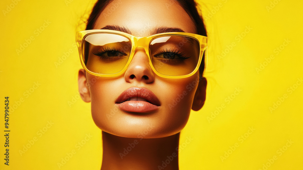 a woman wearing stylish yellow-tinted sunglasses against a bright yellow background. a woman wearing stylish yellow-tinted sunglasses against a bright yellow background.