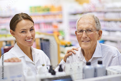 Portrait, pharmacist and senior patient in pharmacy for help, assistance and healthcare. Elderly care, specialist and support in chemist for medication, prescription and smile for customer experience