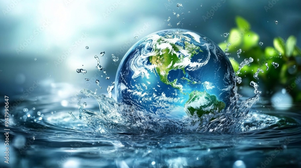 A compelling depiction of Earth splashing into water with a backdrop of green leaves, symbolizing the intersection of natural elements and hinting at a greener future. A compelling depiction of Earth splashing into water with a backdrop of green leaves, symbolizing the intersection of natural elements and hinting at a greener future.