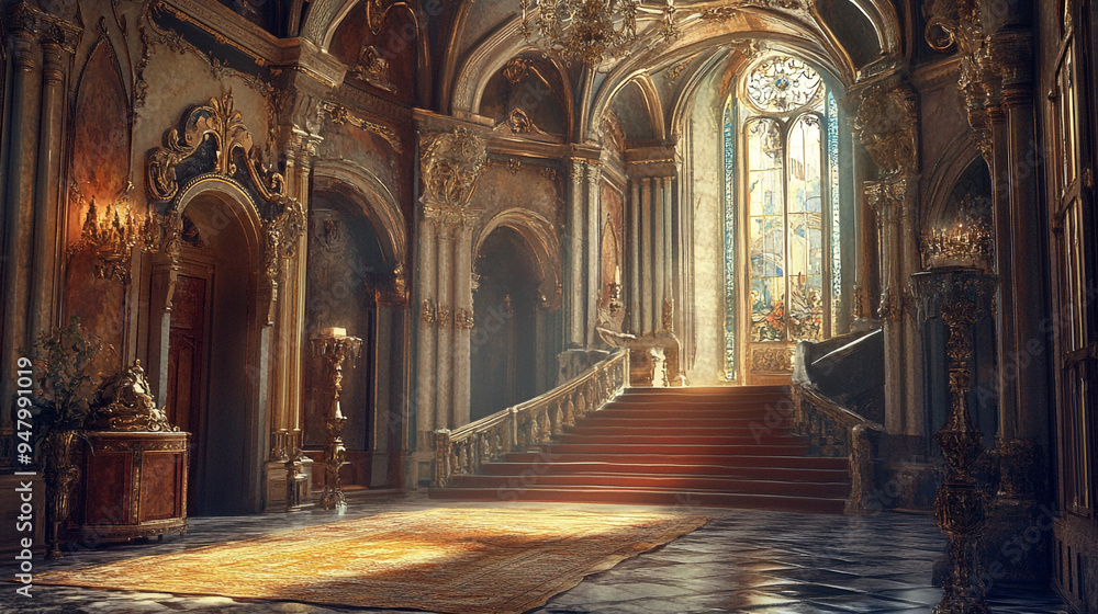 Obraz premium Luxurious grand hall featuring ornate architecture, a sweeping staircase, and sunlight streaming through stained glass windows