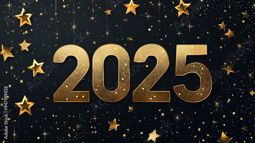 A black background with golden star and the number 2025. New year concept