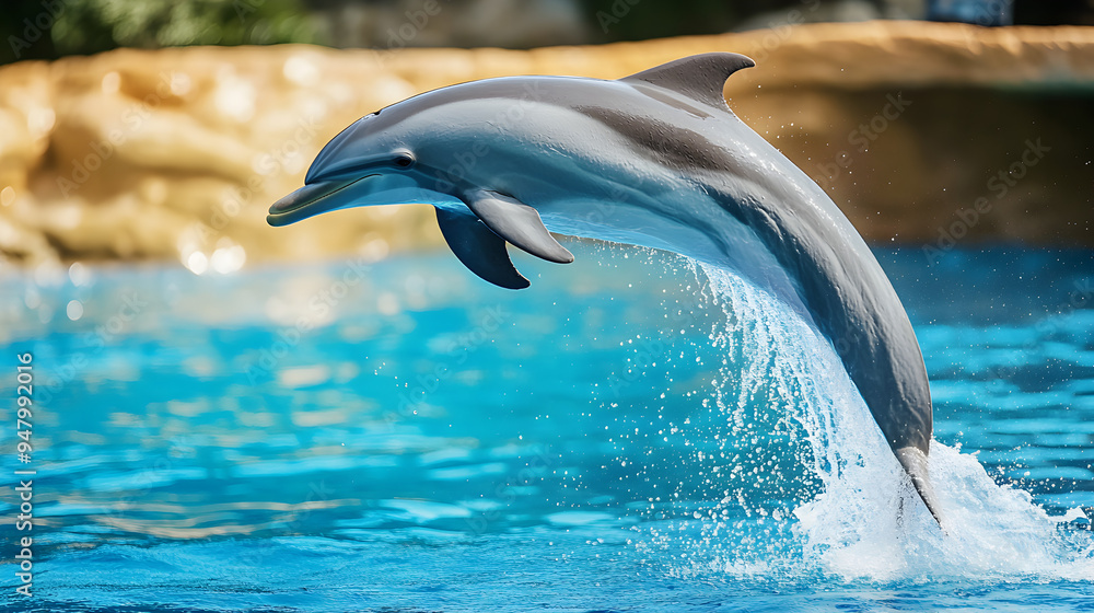 Obraz premium Majestic Dolphin Leaping Out of Turquoise Ocean Waters