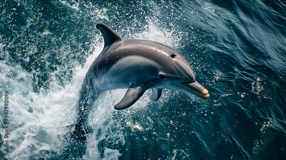 Fototapeta premium Playful Dolphin Leaping Through Crashing Ocean Waves in Tropical Sea
