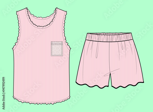 Girls Nightwear sleeveless pink colour rib vest and shorts Flat Sketch Outline Vector Fashion Illustration Template. 