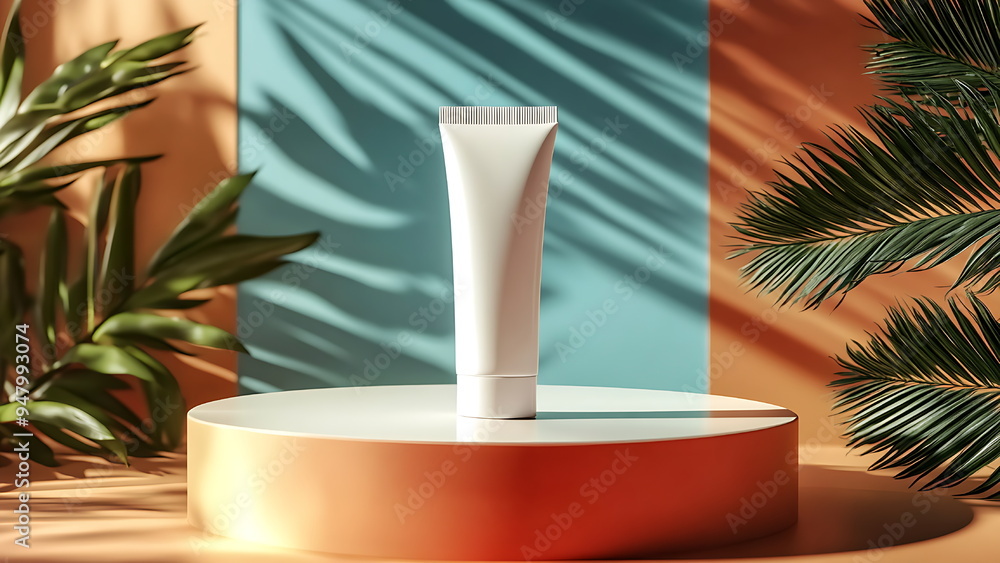A white tube of cream on a white podium with tropical leaves and shadows A white tube of cream on a white podium with tropical leaves and shadows