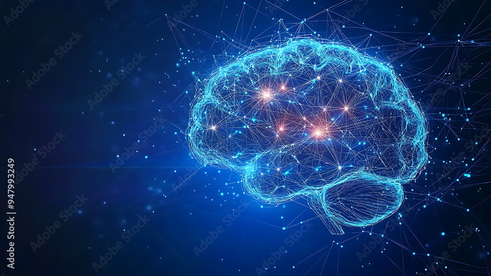 a 3D model of a brain with glowing connections. a 3D model of a brain with glowing connections.