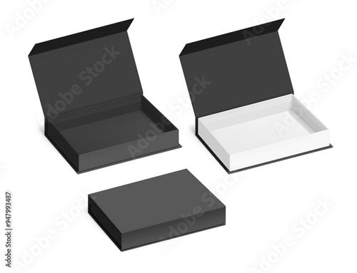 Black box with magnetic close. Vector illustration isolated on white background. Taking your 2D designs into 3D. Can be use for gift box, luxury, cosmetics, electronics and other goods. EPS10.