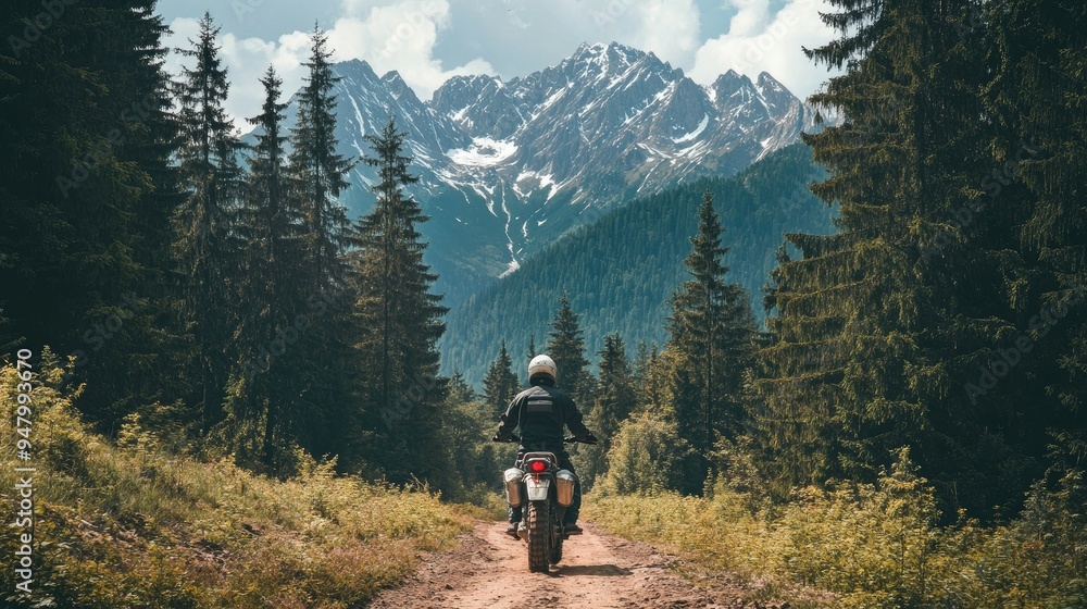 Fototapeta premium Motorcyclist rides through scenic forest trail with towering pine trees and majestic snow-capped mountains in background. Adventure and off-road motorsport. Concept of extreme sport motorsport 
