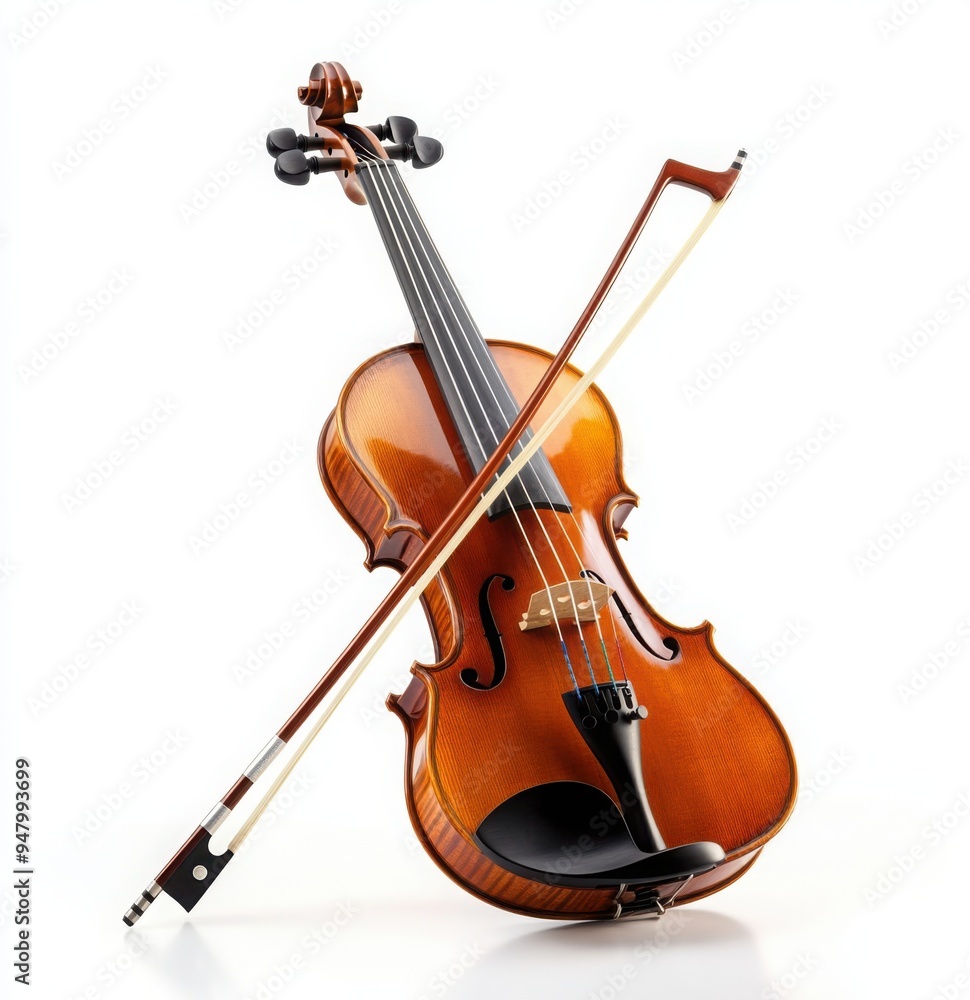 Fototapeta premium A beautifully crafted violin with its bow, set against an isolated white background. 