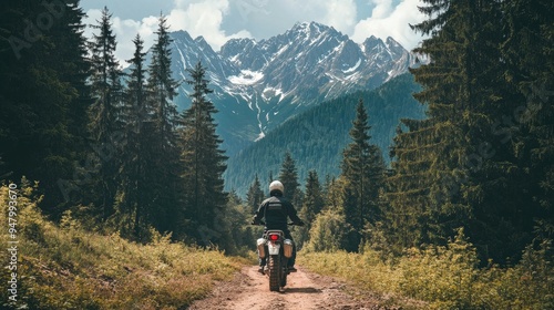 Motorcyclist rides through scenic forest trail with towering pine trees and majestic snow-capped mountains in background. Adventure and off-road motorsport. Concept of extreme sport motorsport 