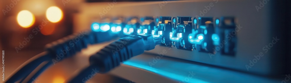 Ethernet cable with clips plugged into a router, providing stable internet Ethernet cable with clips plugged into a router, providing stable internet