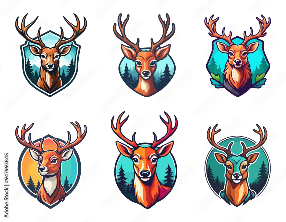 Naklejka premium colorful deer with antlers vector illustration. Wild deer logo. deer with shield