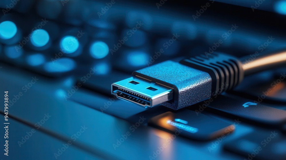External hard drive with USB cable plugged into a laptop, transferring data External hard drive with USB cable plugged into a laptop, transferring data