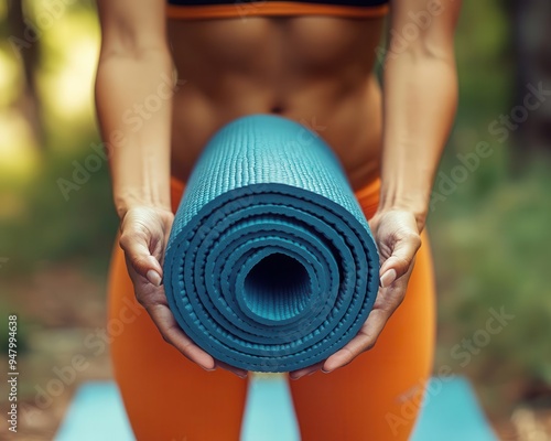 Fitness enthusiast with a yoga mat ready for a workout in a park photo