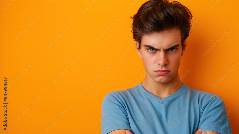 Young man with a serious expression, arms crossed, standing against a vibrant orange background, conveying intensity and determination. Young man with a serious expression, arms crossed, standing against a vibrant orange background, conveying intensity and determination.
