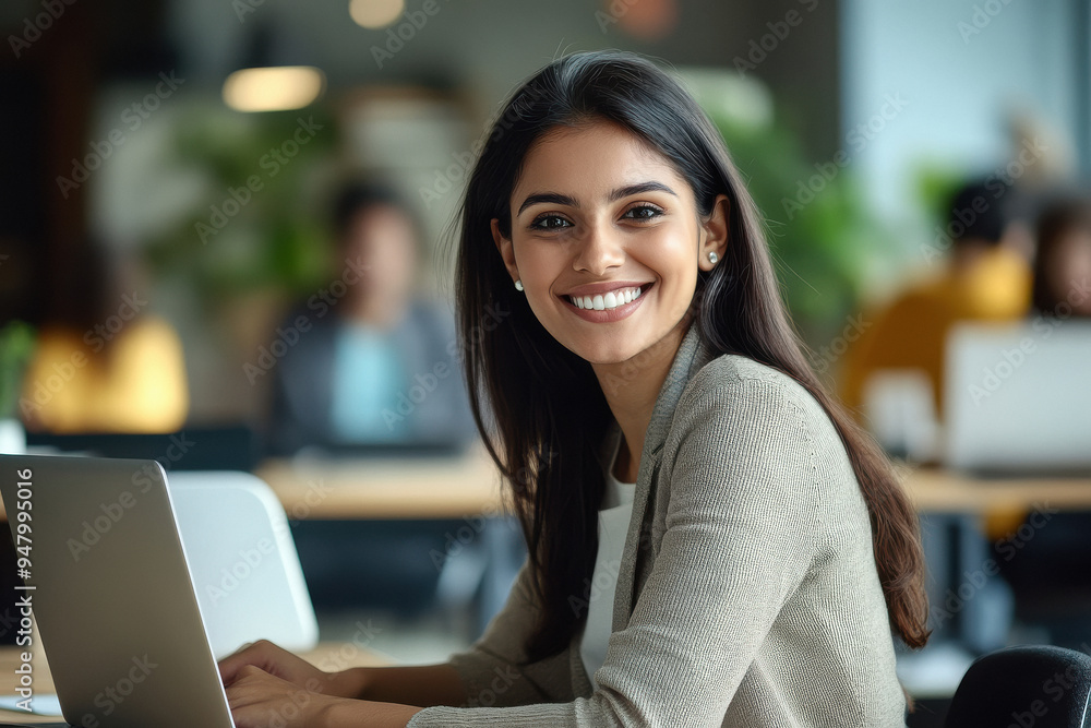 Young businesswoman looking front side and smiling while using laptop Young businesswoman looking front side and smiling while using laptop
