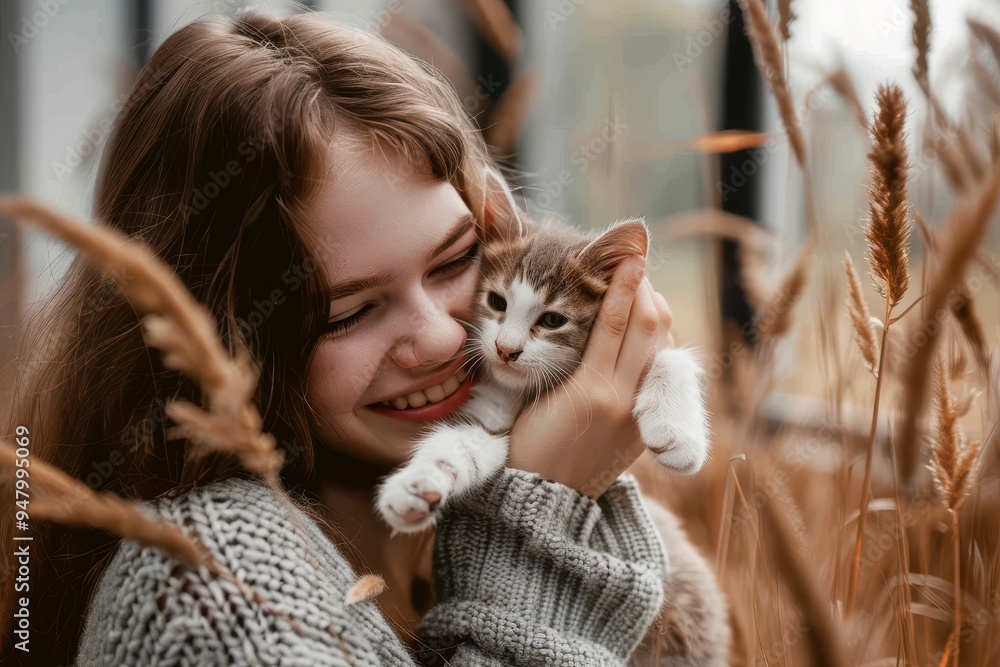 Kitten Love Woman holding up a kitten and smiling, cuddling her. Kitten Love Woman holding up a kitten and smiling, cuddling her.