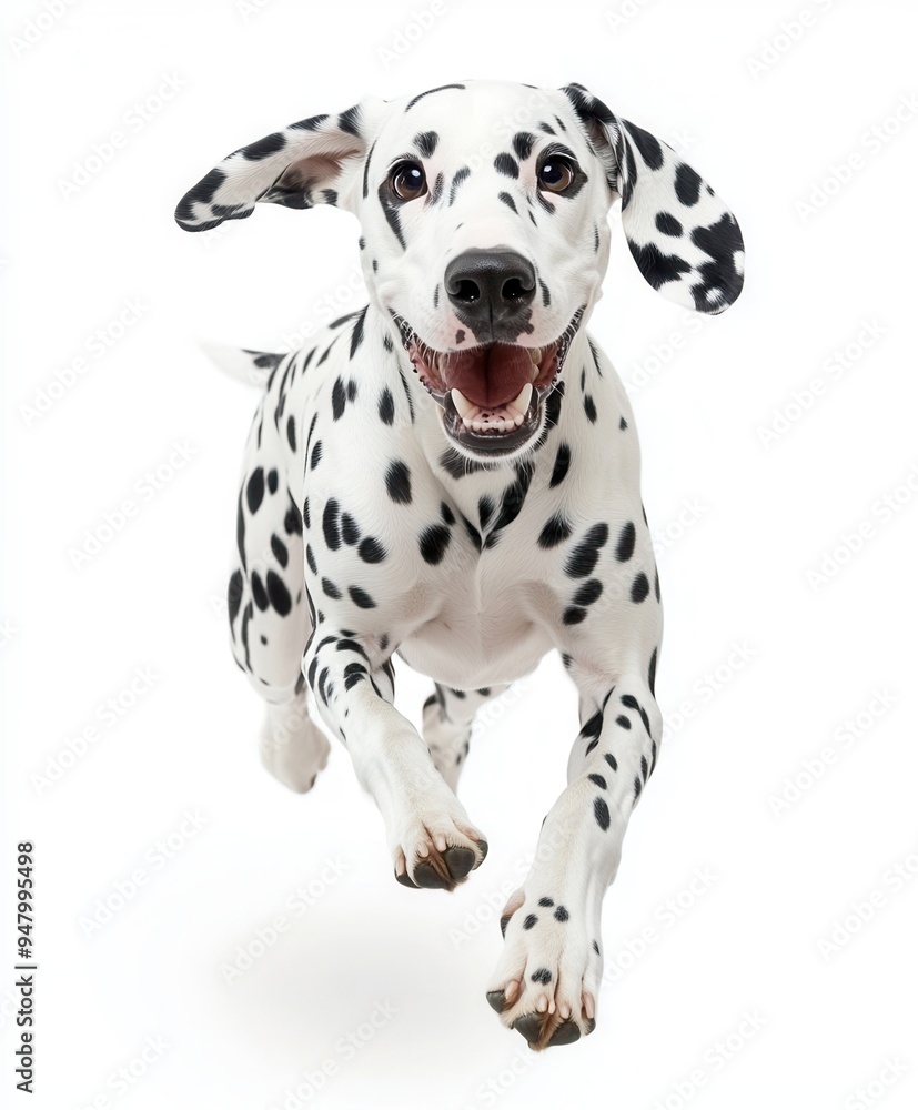 A Dalmatian dog is running, with black and white spots on its body, against a white background, in a full-length portrait photograph A Dalmatian dog is running, with black and white spots on its body, against a white background, in a full-length portrait photograph