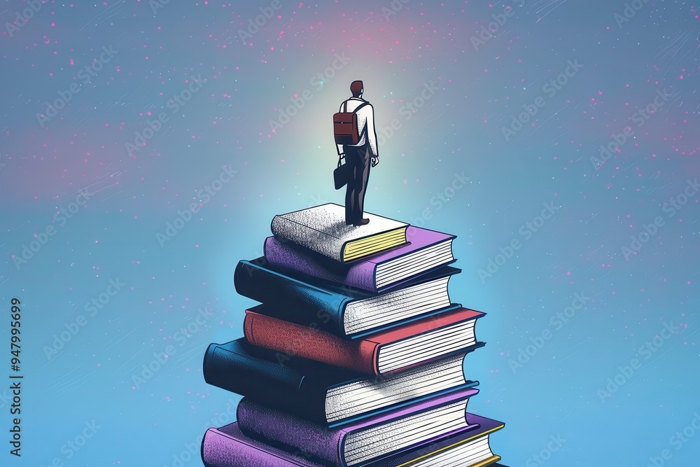 Businessman Stand on Books Stack with business bag. Illustration of Person Cognition and Knowledge Related To Success. Businessman Stand on Books Stack with business bag. Illustration of Person Cognit Businessman Stand on Books Stack with business bag. Illustration of Person Cognition and Knowledge Related To Success. Businessman Stand on Books Stack with business bag. Illustration of Person Cognit