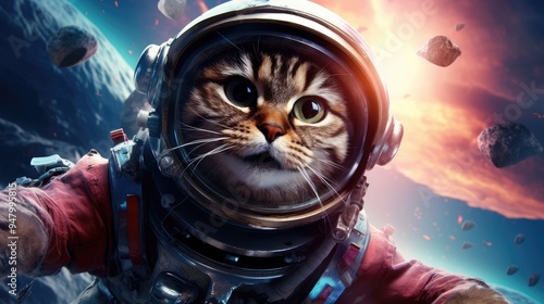 A cat in a spacesuit against the backdrop of a space landscape