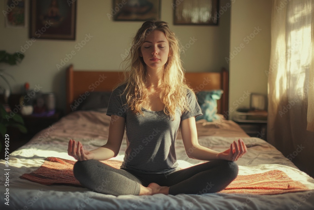 Young woman practicing meditation on bed. Young woman practicing meditation on bed.