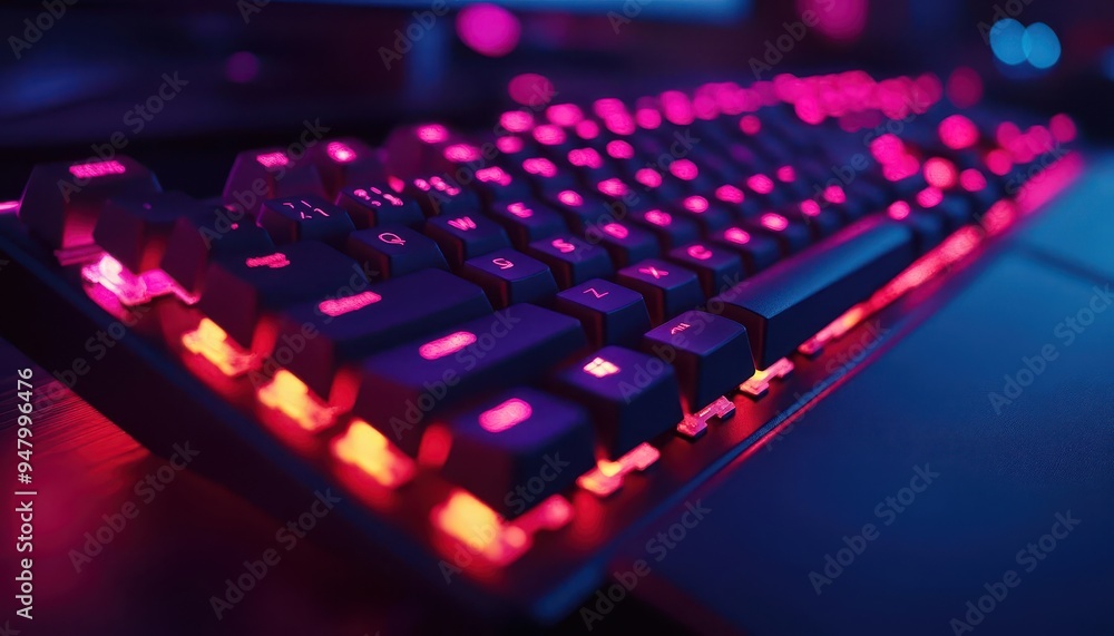 Fototapeta premium Mechanical keyboard with backlight in action, on a gaming setup