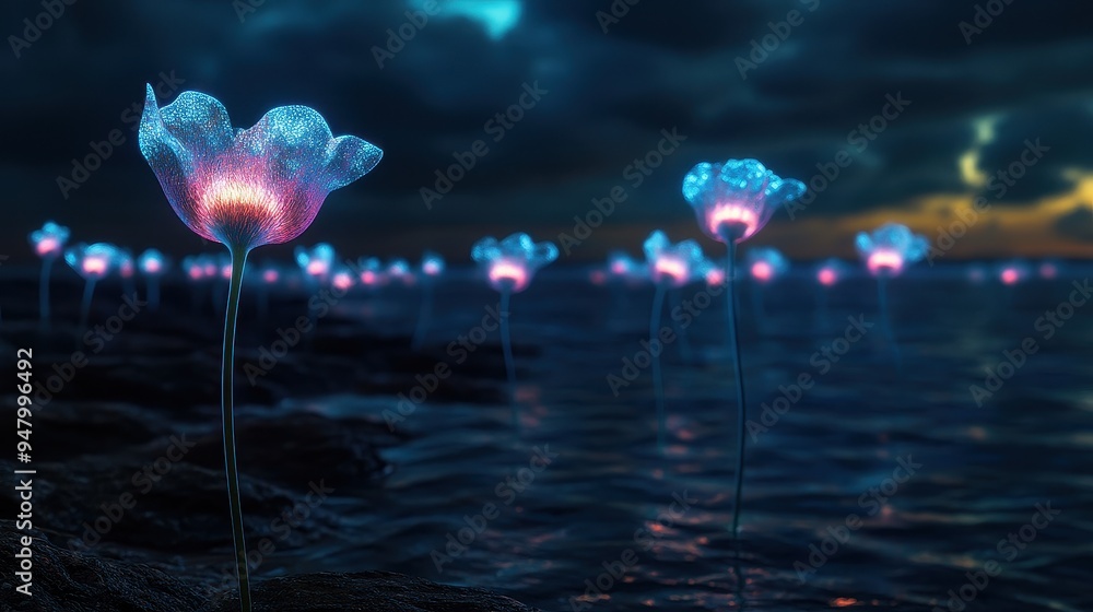 Fototapeta premium Enchanting Bioluminescent Flowers Illuminating a Dark Ocean Landscape at Dusk
