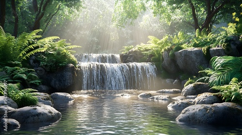 Lush Ferns and Moss Blanketing Porous Rocks Surrounding Serene Waterfall and Stream photo