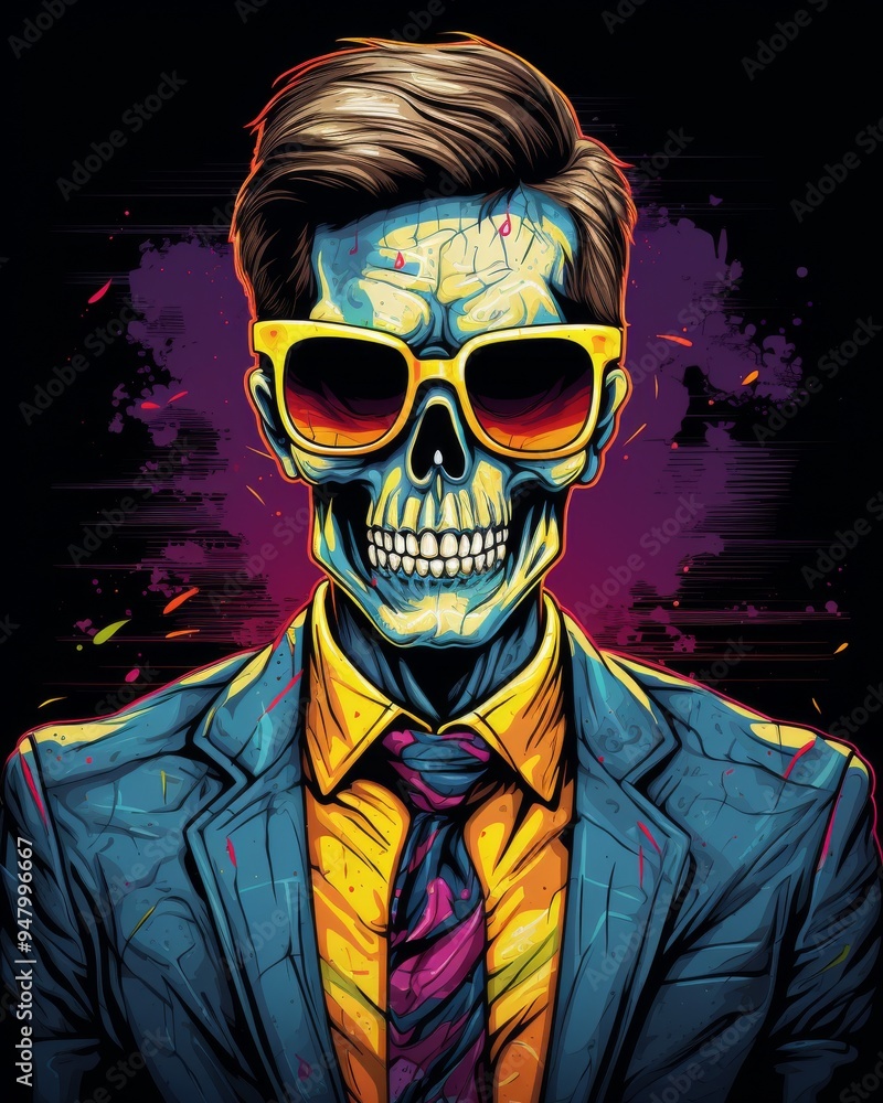 Stylish Skeleton with Sunglasses and Suit in Vibrant Colors - Bold and Modern Pop Art Illustration Stylish Skeleton with Sunglasses and Suit in Vibrant Colors - Bold and Modern Pop Art Illustration