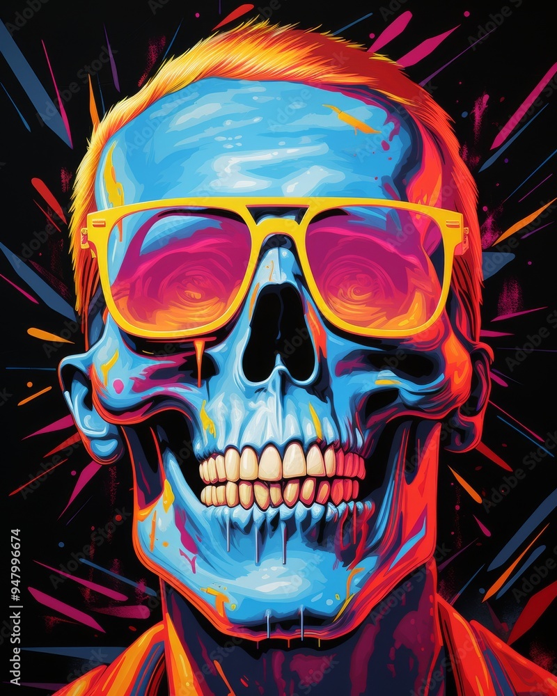 Futuristic Skull with Sunglasses in Neon Tones - Bold and Edgy Pop Art Illustration of a Cyberpunk Skeleton
Futuristic Skull with Sunglasses in Neon Tones - Bold and Edgy Pop Art Illustration of a Cyberpunk Skeleton