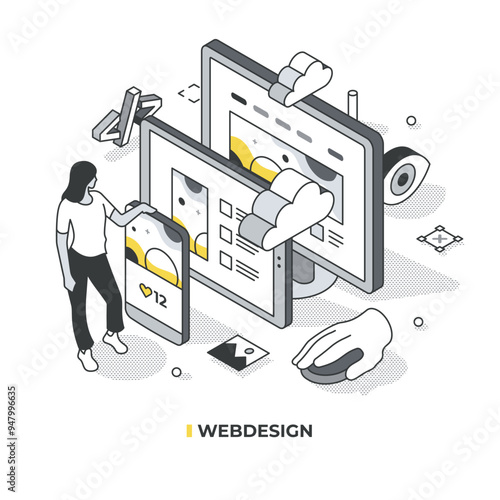 Web design isometric concept with woman near exaggerated devices phone, tablet, PC, each displaying the same webpage. It highlights web design's key aspects: layout, responsiveness,  visuals, coding