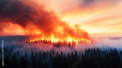 A conceptual image capturing the intensity of a forest fire, with thick smoke billowing into the sky, illuminated by the fiery glow of the flames as the sun sets.