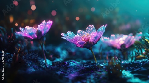 Fototapeta Naklejka Na Ścianę i Meble -  Enchanting Bioluminescent Flowers in a Mystical Forest at Night with Glowing Petals and Vibrant Colors