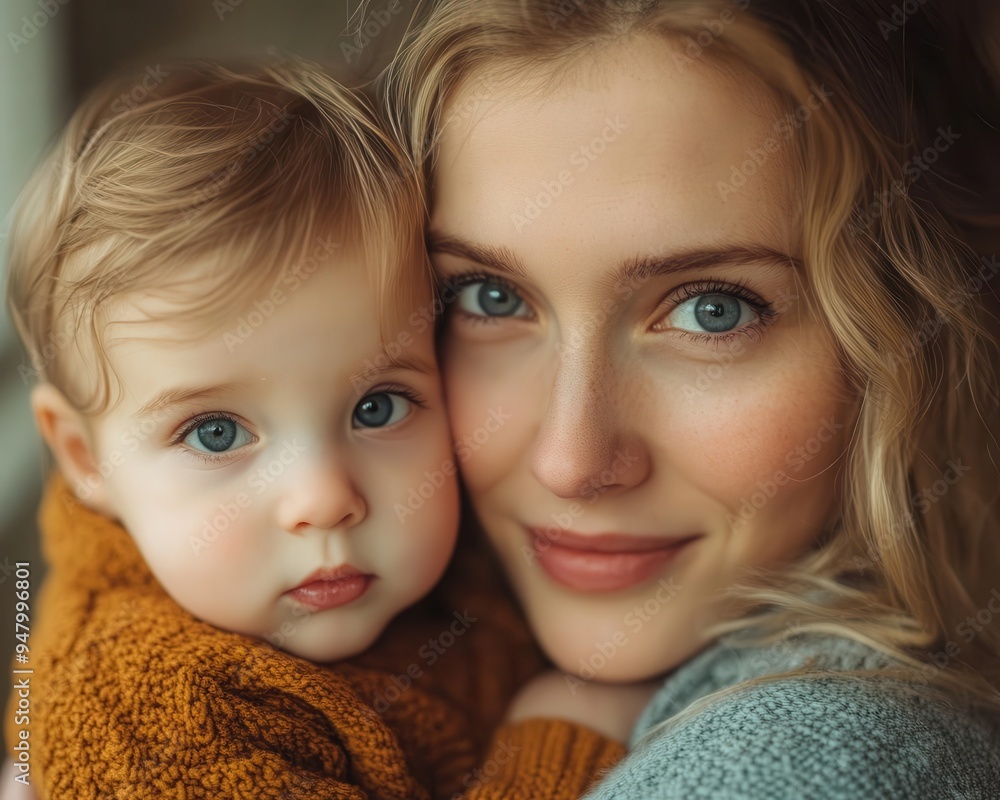 Mother holding a child in her arms, with a warm and loving expression