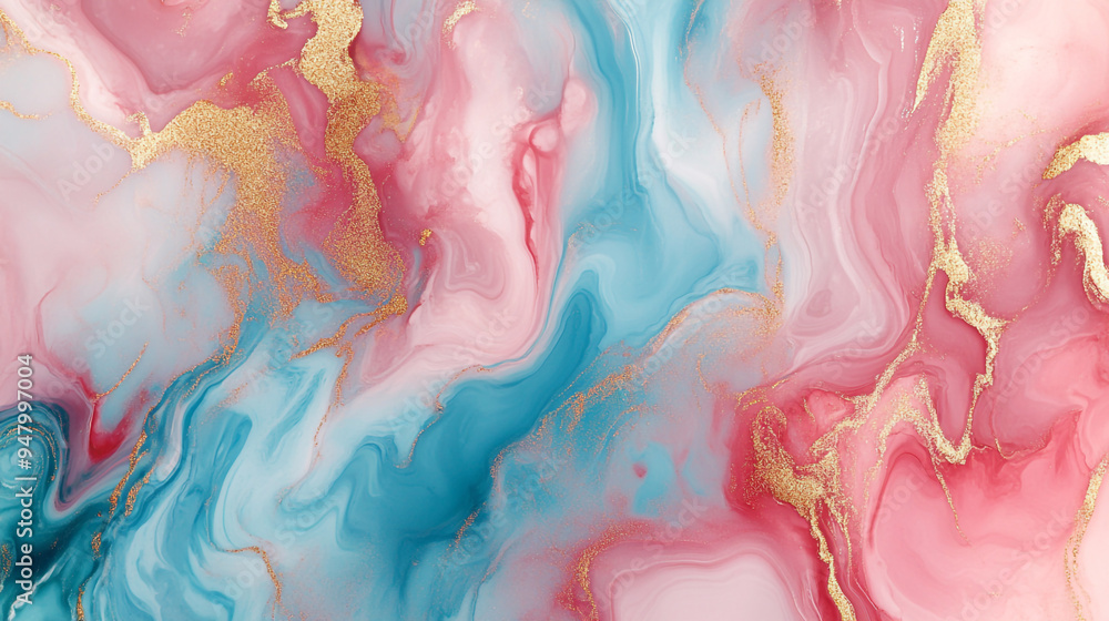 Fototapeta premium Elegant abstract art featuring soft blue and pink swirls with golden accents, creating a serene and vibrant atmosphere for home decor