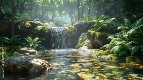 Enchanting 3D Rendered Forest Landscape with Mossy Rocks and Cascading Waterfall photo