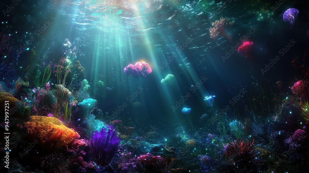 Fototapeta premium Vibrant Underwater Coral Reef with Colorful Marine Life and Sunlight Beams