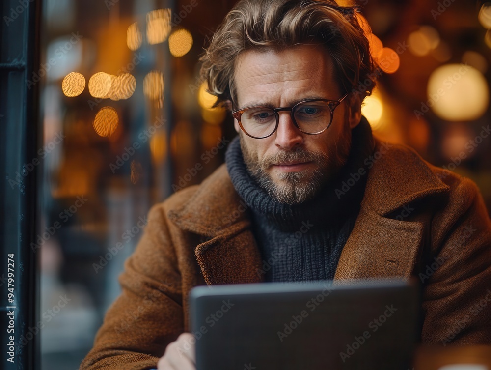 Office worker with a laptop working remotely from a cafe Office worker with a laptop working remotely from a cafe