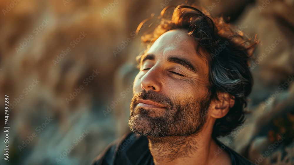Man with closed eyes enjoying a moment of calm and relaxation. Man with closed eyes enjoying a moment of calm and relaxation.