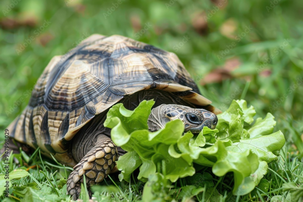Hermann's tortoise eating lettuce Hermann's tortoise eating lettuce on a lawn. Hermann's tortoise eating lettuce Hermann's tortoise eating lettuce on a lawn.