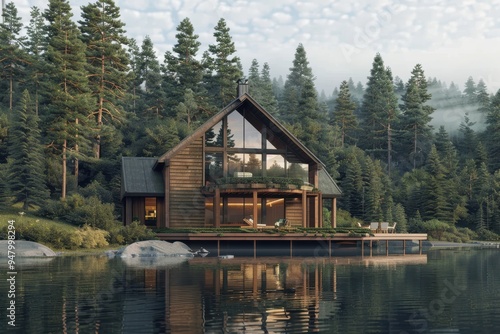 3d rendering of a forest house along the lake and surrounded by trees on a summer day 3d rendering of a forest house along the lake and surrounded by trees on a summer day. Computer generated image of