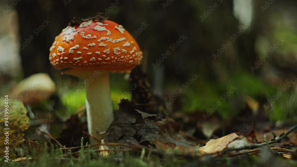 Bright red Fly Agaric mushroom growing on sunlit forest floor covered with shed leaves. Extreme close-up view, copy space Bright red Fly Agaric mushroom growing on sunlit forest floor covered with shed leaves. Extreme close-up view, copy space
