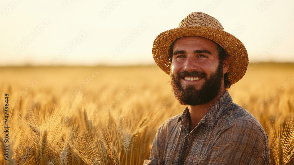 Smiling bearded farmer in a straw hat standing in a golden wheat field under a clear sky. Smiling bearded farmer in a straw hat standing in a golden wheat field under a clear sky.