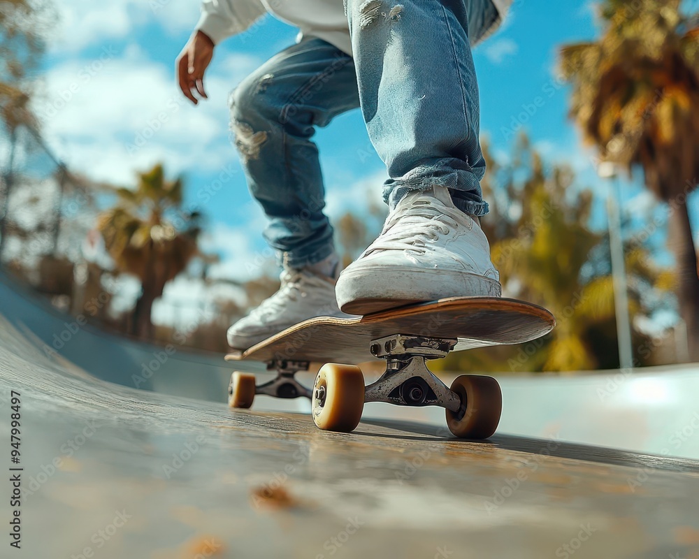 Skater with a skateboard performing a trick in a skate park Skater with a skateboard performing a trick in a skate park