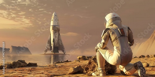 Astronaut On Mars Kneeling Looking At Space Rocket In Distance A close up image of an astronaut on Mars kneeling and looking at a rocket in the distance. The spaceman or spacewoman is dressed in full  photo